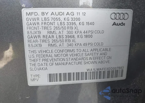 2013 Audi Q7 Premium Plus из США, поврежденный, VIN WA1LMAFE3DD007883